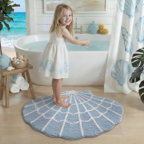DEXI Cute Seashell Bath Mat, Coastal Scallop Bathroom Rug, 31x24 Blue