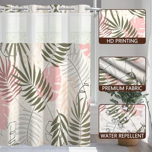 No Hook Tropical Leaf Shower Curtain and Liner Set, 71 x 74 Inch