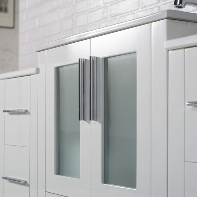 Blossom 48" Solid Wood Bathroom Vanity w/Ceramic Sink & Double Side Cabinet, Freestanding Sink Vanity, Soft-Close Drawers, Tempered Glass Doors, Ceramic Top & Side Cabinet, Glossy White