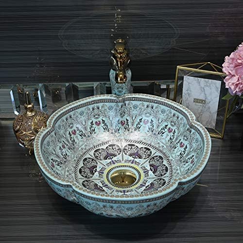 Bathroom Vessel Sinks Europe Style Light Blue Flower Shape Above Counter Ceramic Sink for Vanity Top