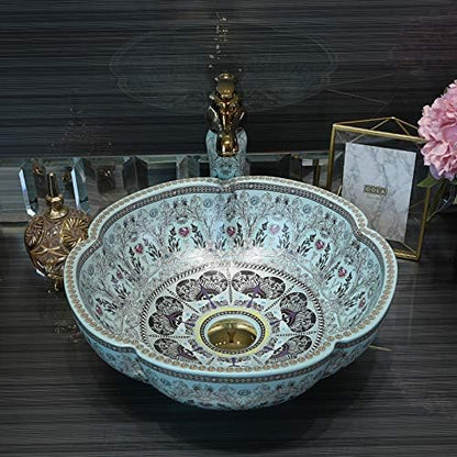 Bathroom Vessel Sinks Europe Style Light Blue Flower Shape Above Counter Ceramic Sink for Vanity Top