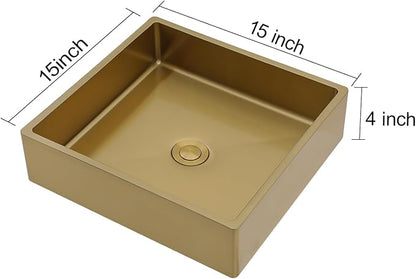 15"x15" Bathroom Vessel Sink Square - Brushed Gold NANO-PVD, 16 Gauge 304 Stainless Steel, Above Counter Modern Vanity Lavatory Bath Sink Basin
