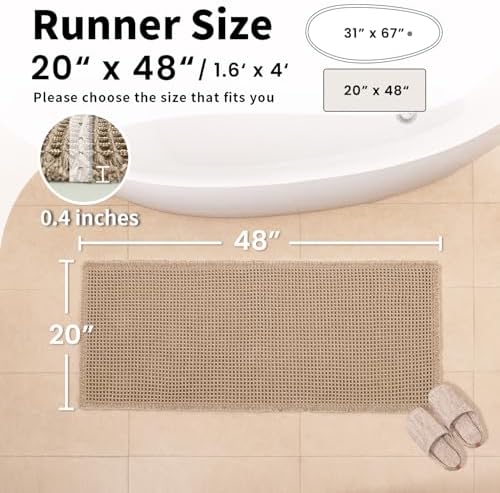 Waffle Bath Mat, Boho Bathroom Rug Non Slip Washable, 20 x 48, Khaki