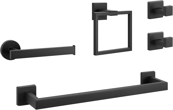 NearMoon 5 Pieces Bathroom Hardware Set 304 Stainless Steel - Square Towel Rack Set Include 16" Towel Rod + Towel Ring + Toilet Paper Holder + 2 Robe Towel Hooks Bathroom Accessories (Matte Black)