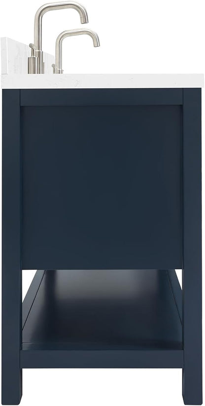 ARIEL Magnolia 60-inch Bathroom Vanity with Sink,Solid Wood, 1.5-inch Carrara White Quartz Countertop, Double Rectangular Porcelain Sink, 4 Soft Closing Doors, 3 Dovetail Drawers, Midnight Blue