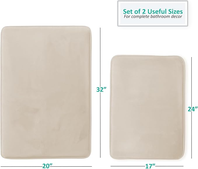 Clara Clark 2 Piece Bathroom Rug Set - Memory Foam, Bath Mat Set, Plush, Cozy, Ultra Soft, Non Slip, Machine Washable, Quick Dry - 24” x 17”+ 32” x 20” - Linen