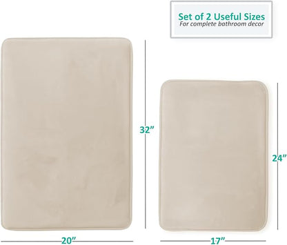 Clara Clark 2 Piece Bathroom Rug Set - Memory Foam, Bath Mat Set, Plush, Cozy, Ultra Soft, Non Slip, Machine Washable, Quick Dry - 24” x 17”+ 32” x 20” - Linen