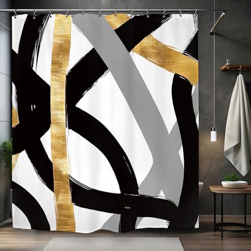 Abstract Modern Shower Curtain 60Wx72L Inch Black Gray Gold Minimalist Contemporary Art Geometric Neutral Bathroom Set Accessories Decor with 12 Pack Hooks