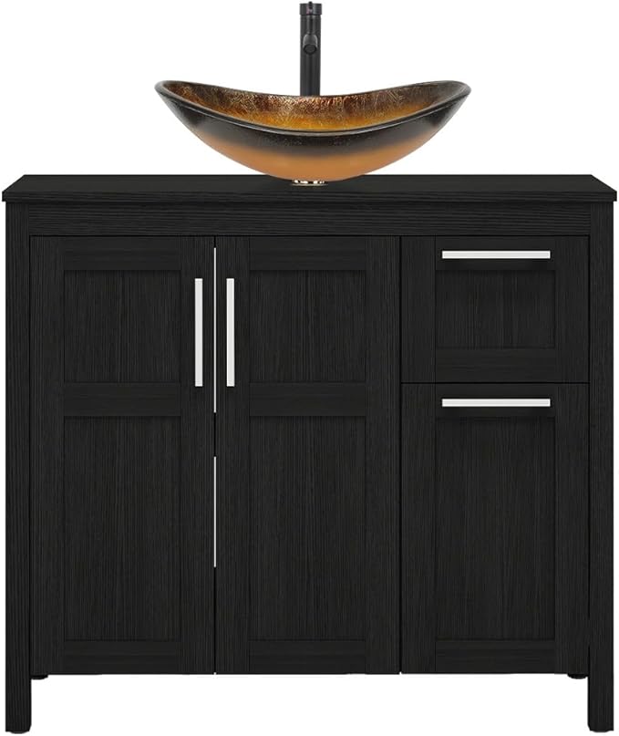 YOURLITE 36" Bathroom Vanity with Sink, Black Bathroom Vanity Cabinet with Faucet & Pop Up Drain Set,Traditional Vanity with Black Glass Bowl Bathroom Sink