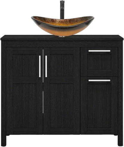 YOURLITE 36" Bathroom Vanity with Sink, Black Bathroom Vanity Cabinet with Faucet & Pop Up Drain Set,Traditional Vanity with Black Glass Bowl Bathroom Sink