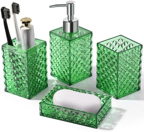 RYTOXILO Green Bathroom Accessories Set, 4 Pack Green Bath Accessory Sets Complete, Acrylic Soap Dispenser and Toothbrush Holder Set for Bathroom Counter Sink, Modern Bathroom Decor