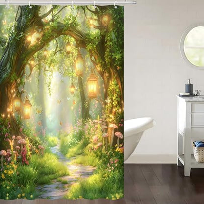 Fantasy Forest Path Shower Curtain Fairy Magical Enchanted Misty Jungle Mushroom Floral Tree Butterfly Lantern Spring Wonderland Bath Curtain Fabric Bathroom Accessories Decor with Hooks 35W x70L