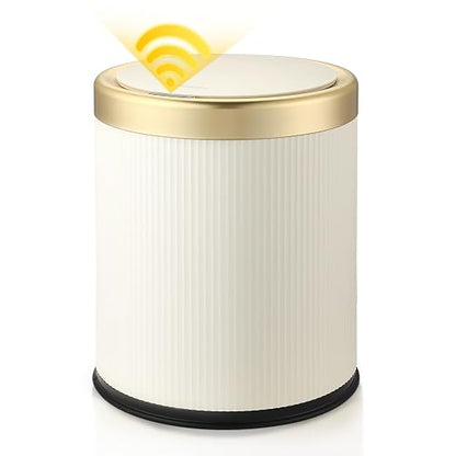Automatic Bathroom Trash Can with Lid,Motion Sensor Small Trash cans | 2.8 Gallon Touchless Garbage Can, Cute Small Plastic Wastebasket,Sensor White and Gold Trash Bin for kitchen,Bedroom,Office