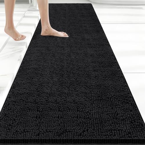 Bcoimo Bath Rug Mat, 70x24 Chenille Non Slip Black Long Bathroom Runner Rug