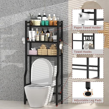 Livilord 3 Tier Over The Toilet Storage Rack with Toilet Paper Holder, Metal Freestanding Bathroom Shelves with 4 Hooks, Over Toilet Storage Shelf for Bathroom Storage, Black