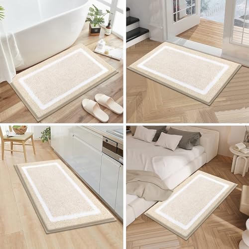 Pauwer 3 Piece Bathroom Rug Set, Non Slip Washable Bath Mat, Light Beige