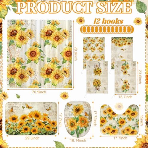 Honoson 8 Pcs Sunflower Shower Curtain Bathroom Set with Rugs, Vintage Floral Bath Decor with Rustic Script Background, Bath Mat Toilet Lid Cover U-Shaped Mat for Farmhouse Housewarming Gifts Decor