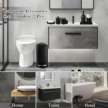 Black Bathroom Accessories Set, 7 Pcs Matte Black Bathroom Accessory Set with Trash Can, Soap Dispenser, Toothbrush Holder, Soap Dish, Vanity Tray, Qtip Holder, Modern Bathroom Sets Complete Decor