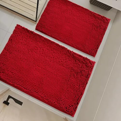 Bathroom Rugs Sets 2 Piece,Super Absorbent Soft,Thick,Machine Washable Chenille Bath Mat,Non Slip Toilet Floor Rug,Bath Mats for Bathroom,16x24 Plus 20x32 Shape,Red