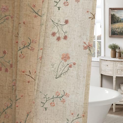 Floral Farmhouse Vintage Linen Shower Curtain Embroidered Textured 72Wx72H