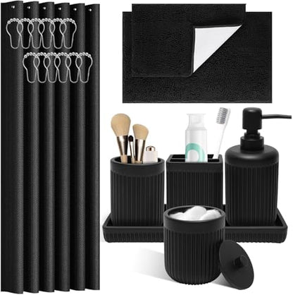XLHOMO Matte Black Bathroom Sets with Shower Curtain and Rugs, 8-Piece Resin Bathroom Accessories Sets Complete, Soap Dispenser, Toothbrush Holder, Tumbler, Tray & Apothecary Jars Bathroom Essentials