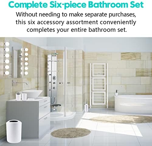 Compact 6-Piece White Plastic Bathroom Accessories Set with Small Trash Can, Soap Dispenser, Toothbrush Holder, Cup, Soap Dish, Toilet Brush for Guest Bathroom Dorm Apartment