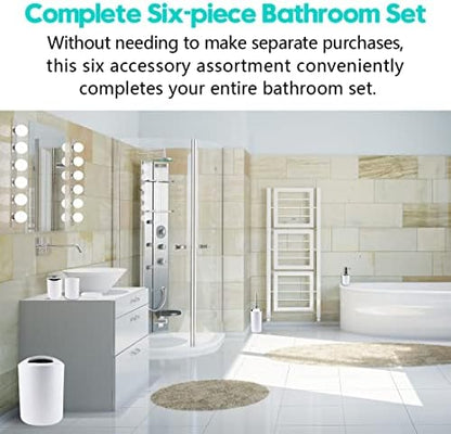 Compact 6-Piece White Plastic Bathroom Accessories Set with Small Trash Can, Soap Dispenser, Toothbrush Holder, Cup, Soap Dish, Toilet Brush for Guest Bathroom Dorm Apartment