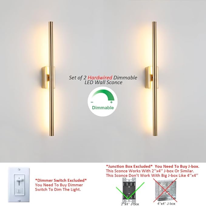 Only Suitable for Small Junction Box Set of 2 Hardwired Narrow Gold Wall Sconces Modern Picture Lights Linear Mirror Vanity Wall Lights for Bathroom Bedroom Corridor (2 Pack, 24'', Gold, Dimmable)