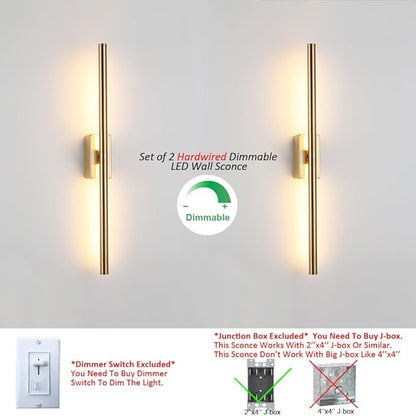 Only Suitable for Small Junction Box Set of 2 Hardwired Narrow Gold Wall Sconces Modern Picture Lights Linear Mirror Vanity Wall Lights for Bathroom Bedroom Corridor (2 Pack, 24'', Gold, Dimmable)