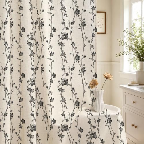 Gibelle Black Farmhouse Linen Shower Curtain, Boho Floral Fabric, 72 x 72
