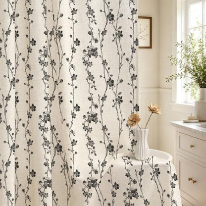 Gibelle Black Farmhouse Linen Shower Curtain, Boho Floral Fabric, 72 x 72