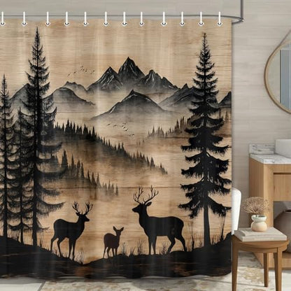 Rustic Deer Shower Curtain, Cabin Country Wood Lodge Hunting Wild Animal Vintage Farmhouse Hunting Camping Camper RV Bathroom Decor Polyester Fabric Mens Bath Curtain Set with Hooks,70X85IN
