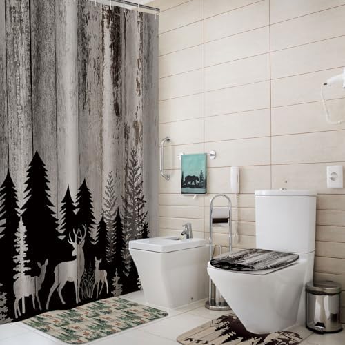 Honoson 8 Pcs Wildlife Animal Shower Curtain Set with Rugs and Kitchen Towels Cabin Deer Bear Forest Decor Shower Curtain Bathroom Set for Farmhouse Country Halloween Housewarming Gifts Decor