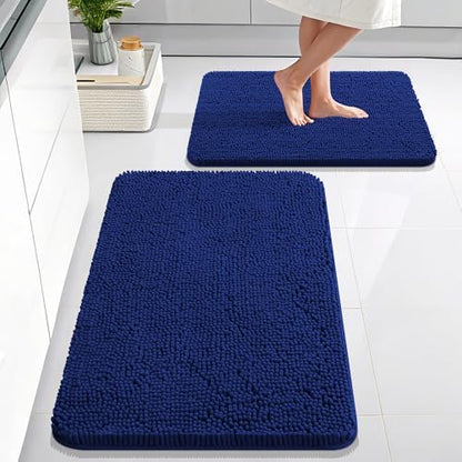 OLANLY Chenille Bathroom Rugs Mats Sets 2 Piece, 36"x24"+30"x20", Navy