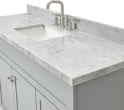Bradford 60 Inch Bathroom Vanity Single Sink — Grey Bathroom Vanity with Sink, 1.5" Edge Italian Carrara Marble Countertop, Solid Wood, 2 Soft-Close Doors, 4 Dovetail Drawers