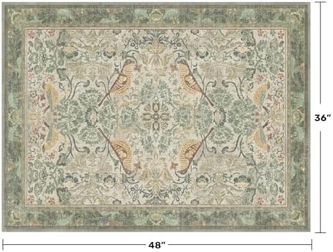 Large Entryway Rugs Indoor - Sage Green 3x4 Washable Rugs for Kitchen Bedroom Beside Bed Door Mat Indoor Entrance with Beige Woodland Flowers, Non Slip Stain Resistant Low Pile