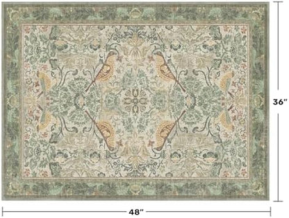Large Entryway Rugs Indoor - Sage Green 3x4 Washable Rugs for Kitchen Bedroom Beside Bed Door Mat Indoor Entrance with Beige Woodland Flowers, Non Slip Stain Resistant Low Pile