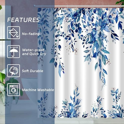 Eucalyptus Shower Curtain, Abstract Aesthetic Art Watercolor Plant Leaves with Floral Bathroom Decor, Waterproof Fabric Cloth Bath Curtain Set with Hooks (Dark Blue, 72x72 Inches)