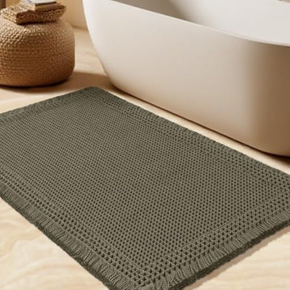Upgrade Waffle Bath Mat, 36"x24" Greyish Green, Boho Bathroom Rugs Absorbent Non Slip, Ultra Soft Bathroom Mat, Machine Washable Knit Bath Rugs with Border for Bathroom, Bedroom, Kitchen, Shower