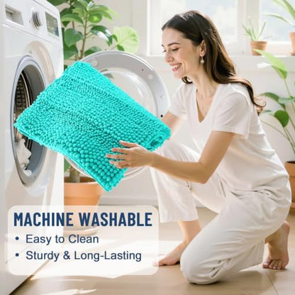 Grandaily Chenille Striped Bathroom Rugs 59x24, Extra Thick and Soft Absorbent Bath Mats, Rubber Backing, Plush Shaggy Shower Carpet, Machine Wash Dry, Bath Rug for Bathroom, Turquoise