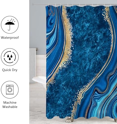 Gibelle 4 Pcs Luxury Marble Shower Curtain Set with Non-Slip Rugs, Toilet Lid Cover and Bath Mat, Gold Foil Blue Bathroom Decor Set with Shower Curtain and Rugs and Accessories