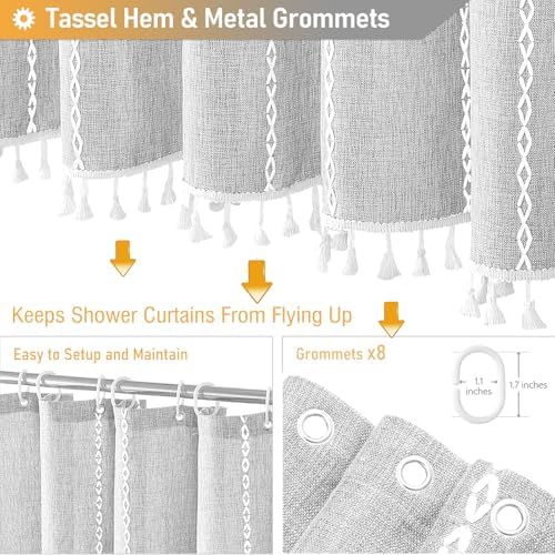 BTTN 54 x 72 Boho Linen Heavy Duty Cloth Shower Curtain Set, Grey/Gray