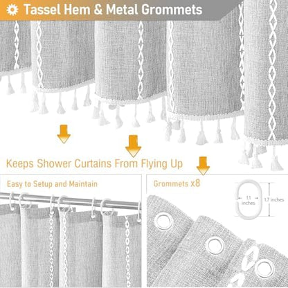BTTN 54 x 72 Boho Linen Heavy Duty Cloth Shower Curtain Set, Grey/Gray
