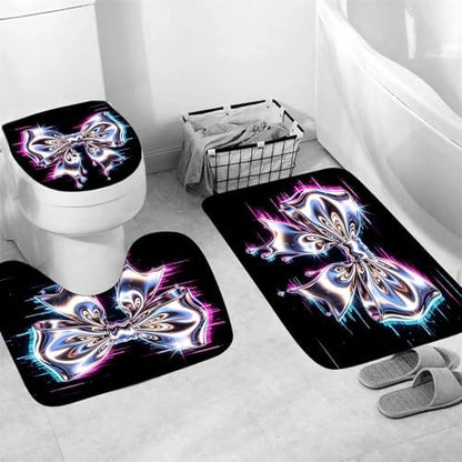 AZHM 4pcs Laser Bow Bathroom Shower Curtain Set with Rugs and Accessories