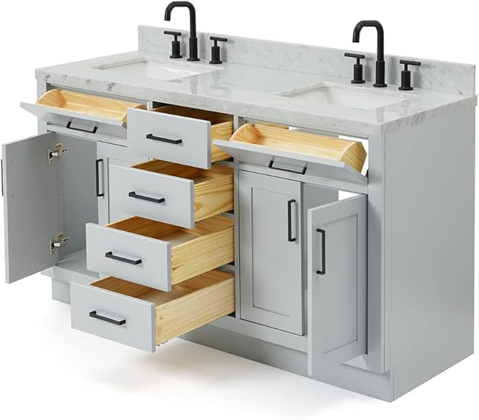 ARIEL Hepburn 60-inch Bathroom Vanity with Sink,Solid Wood, 1.5-inch Italian Carrara Marble Countertop, Double Rectangular Porcelain Sink, 4 Soft Closing Doors, 6 Dovetail Drawers, Grey