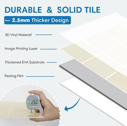 Thicker Peel and Stick 3D Backsplash Tiles Kitchen Bathroom | Beige, 10 Pcs 12" x 12", Glossy Self Adhesive Decorative Vinyl Backsplash Wall Sticker, Cover 10 sq ft，Removable，Waterproof