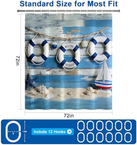 Waterproof Nautical Shower Curtain with Hooks, Deck Swim Ring Fabric Shower Curtains for Bathroom, Metal Grommets & Weighted Hem, Machine Washable Bathroom Shower Curtain Set, 72" W x 72" L