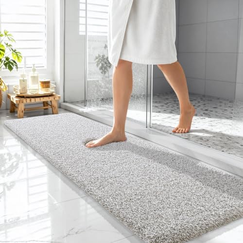 OLANLY Microfiber Bathroom Rugs 59x20, Quick Dry Bath Mat, Greige and White