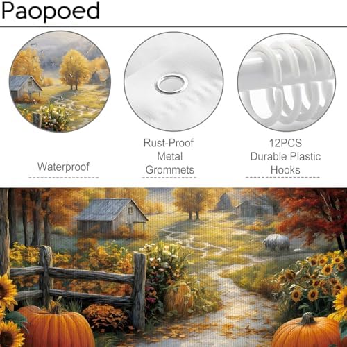 Fall Shower Curtain, Autumn Pumpkin Tree Bathroom Decor, 72 x 72 Inch Polyester Fabric Waterproof Bathroom Curtain with 12 Hooks