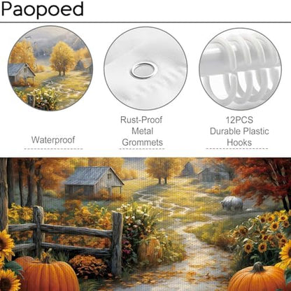 Fall Shower Curtain, Autumn Pumpkin Tree Bathroom Decor, 72 x 72 Inch Polyester Fabric Waterproof Bathroom Curtain with 12 Hooks